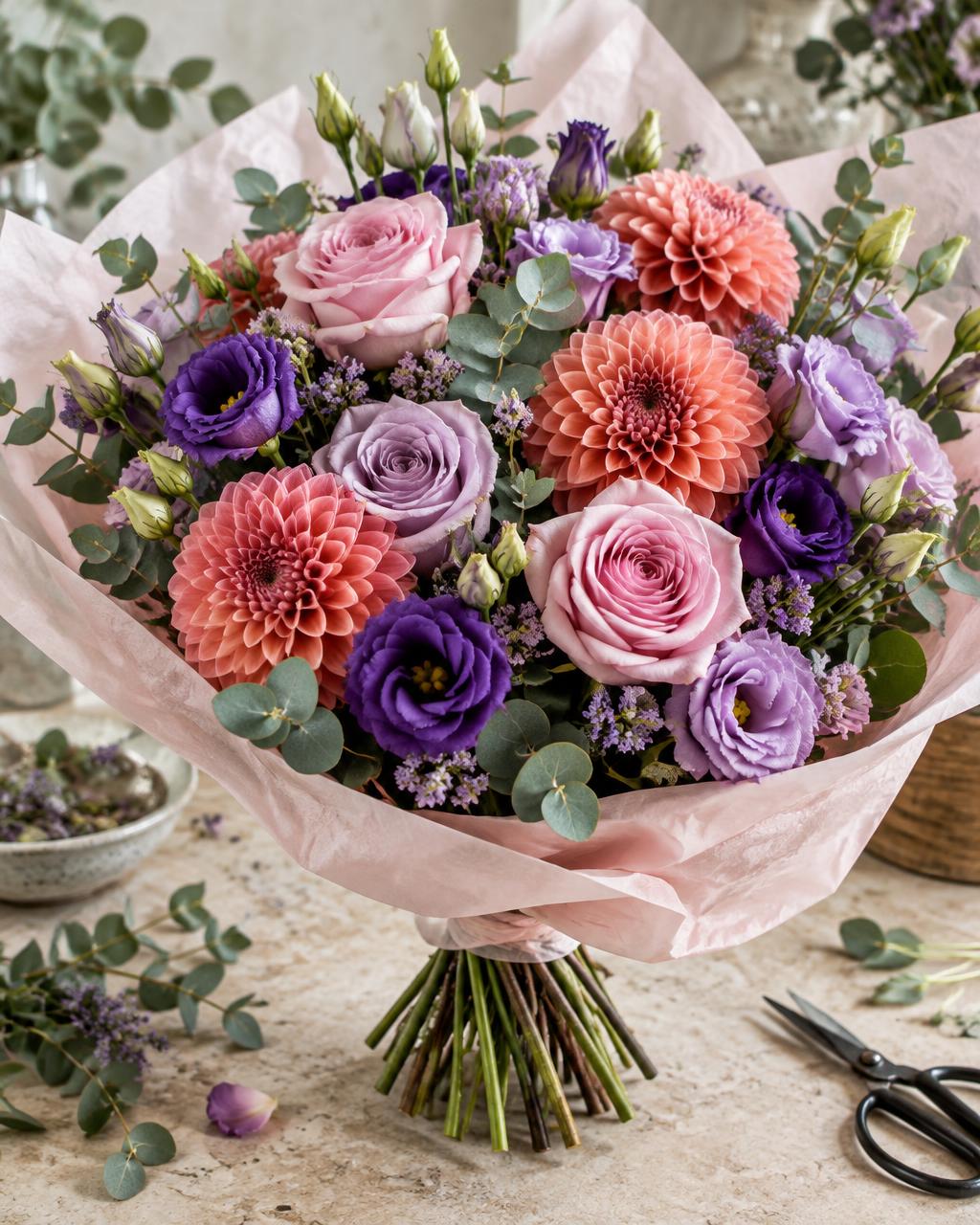 Illustrative pink and lavender bouquet with coral dahlias