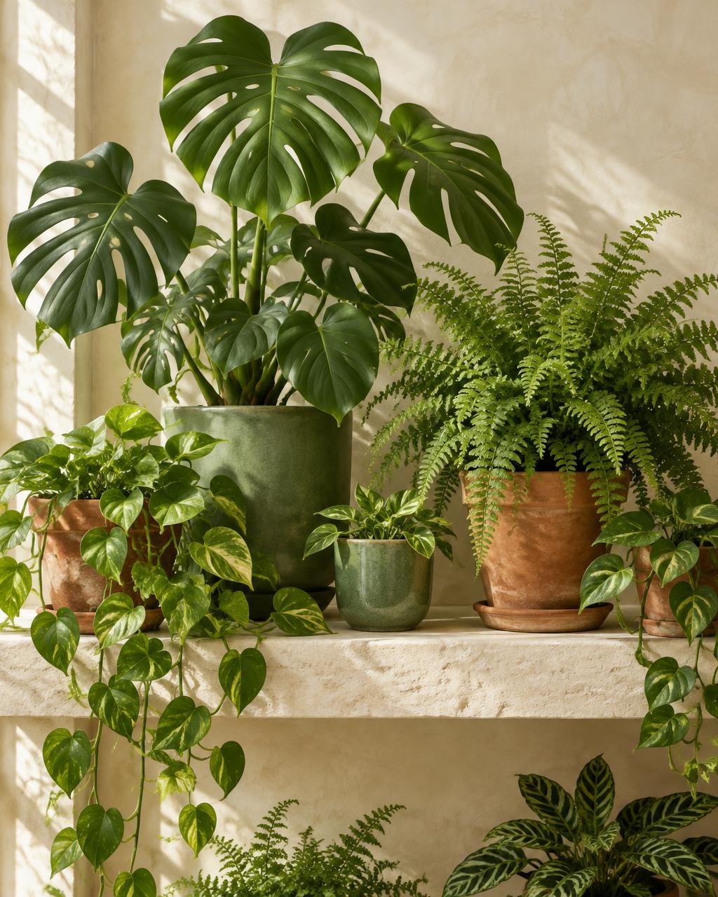 Illustrative collection of monstera, ferns and trailing plants