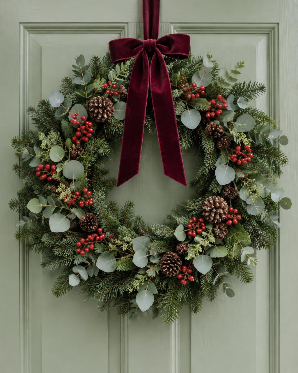 Illustrative evergreen wreath with berries and a velvet ribbon