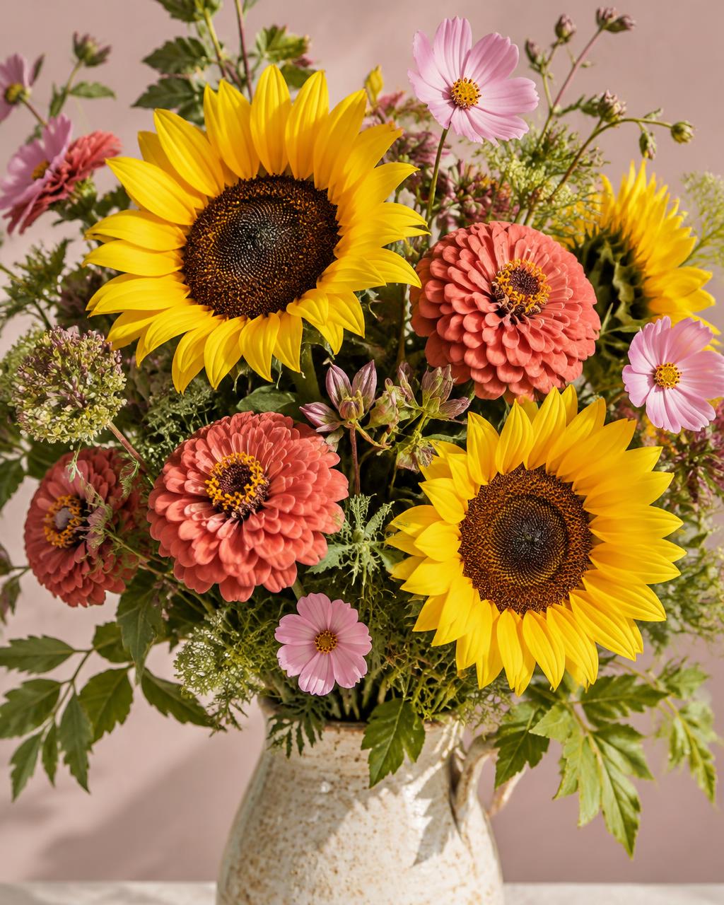 Illustrative sunflowers with coral and pink seasonal flowers