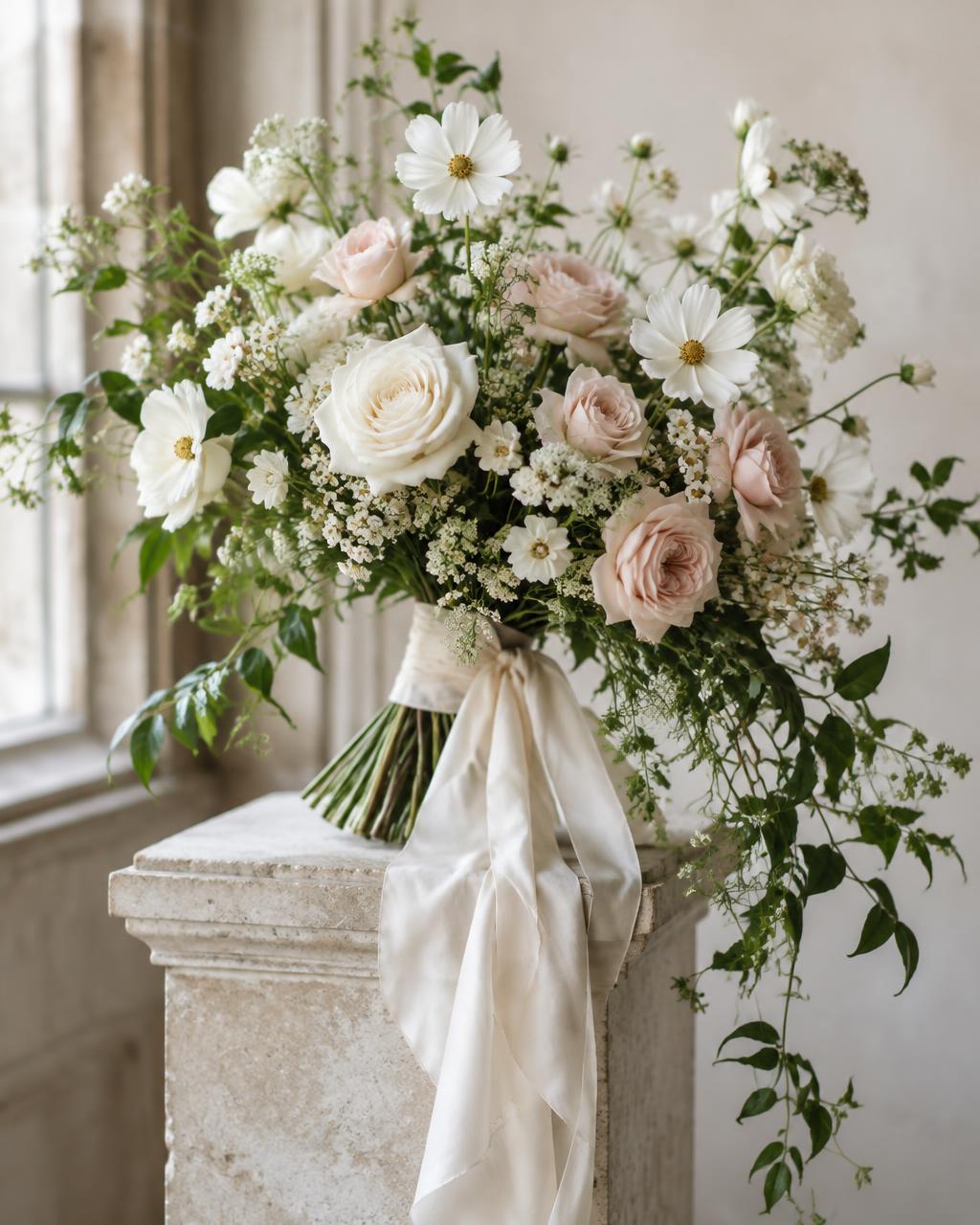 Illustrative ivory and blush wedding bouquet with silk ribbon